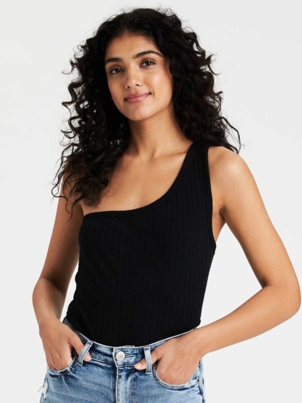 American Eagle Outfitters Asymmetrical Ribbed One-Shoulder Tank - Black